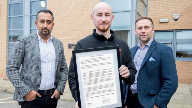 (L-R): CEO Aman Chahal, Nick Lane, Head of Design and Technical, and Rob Vass, Chief Revenue Officer, with the Building a Safer Future Charter certificate