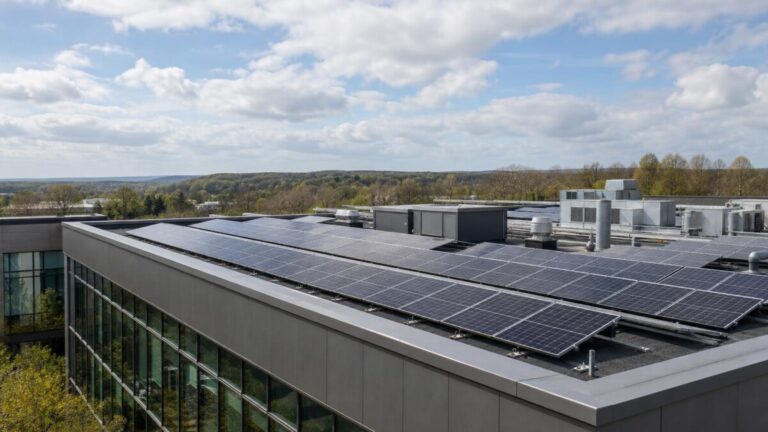 Office roof with solar panels. UK, no people.
