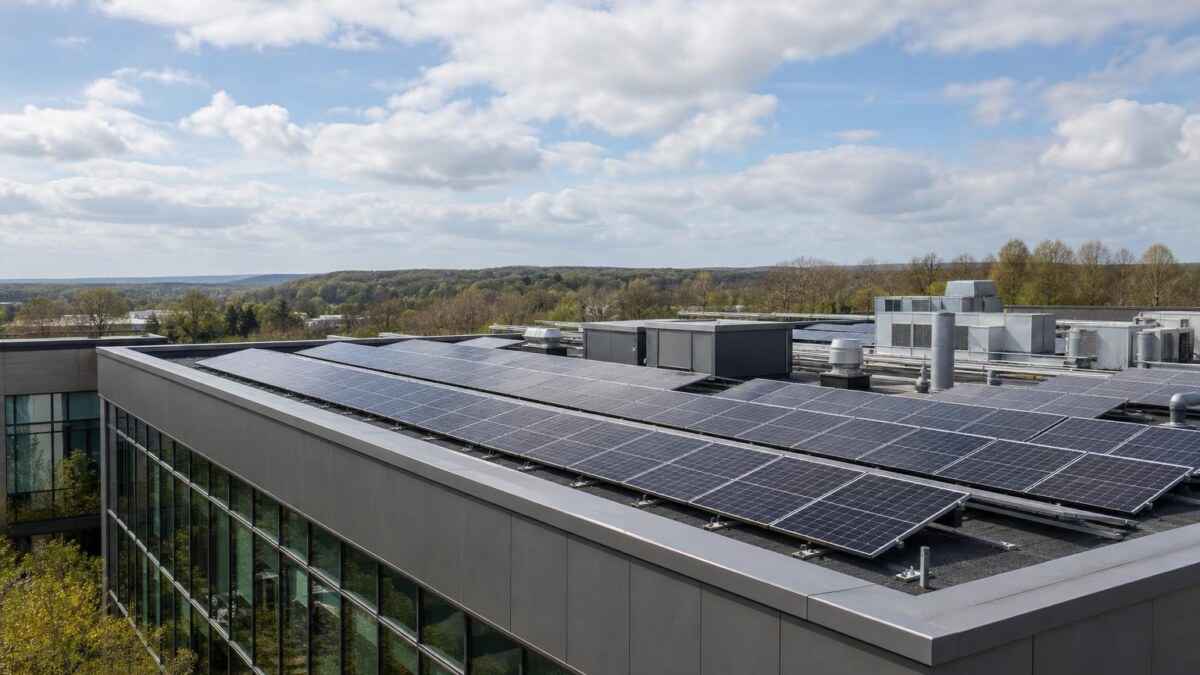 Office roof with solar panels. UK, no people.