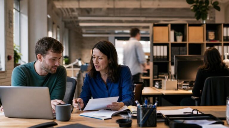 Coworkers discussing documents laptop